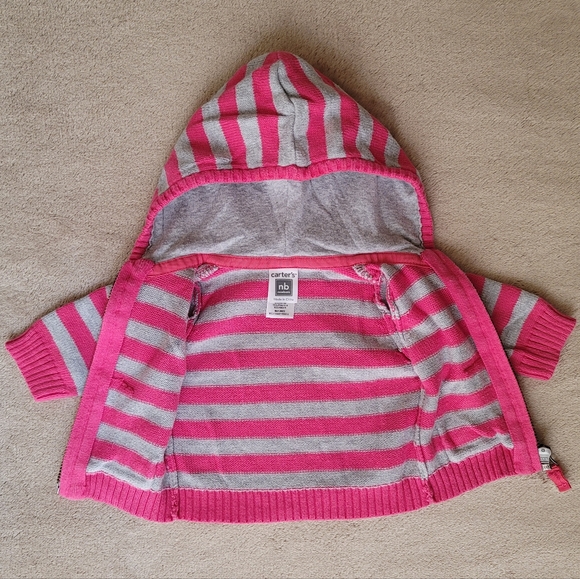 Carter's Pink & Grey Striped Hoodie Sweater  with 2 Pockets Size Newborn - Picture 3 of 5